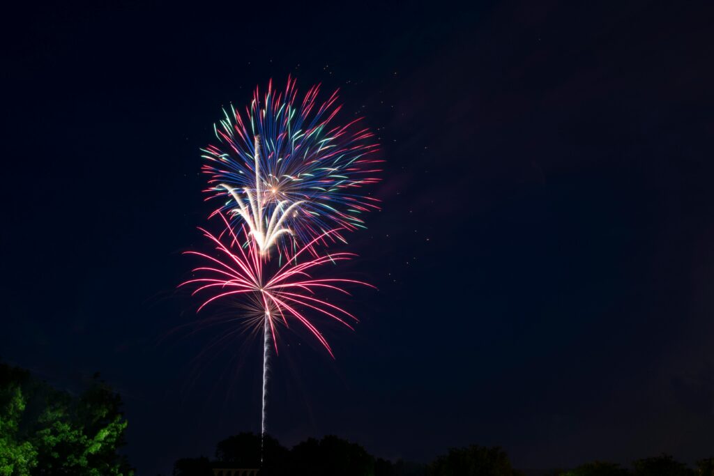 Colorful fireworks burst in the night sky, celebrating a festive occasion.