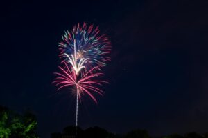 Colorful fireworks burst in the night sky, celebrating a festive occasion.